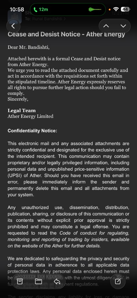 The cease and desist notice Ather Energy sent